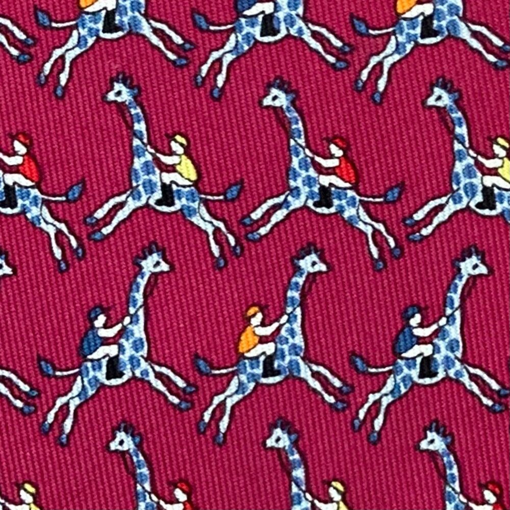 100% REAL HERMES TIE ~ DARKER RED w/ FUN ORANGE BLUE GIRAFFE JOCKEYS RACING XL
